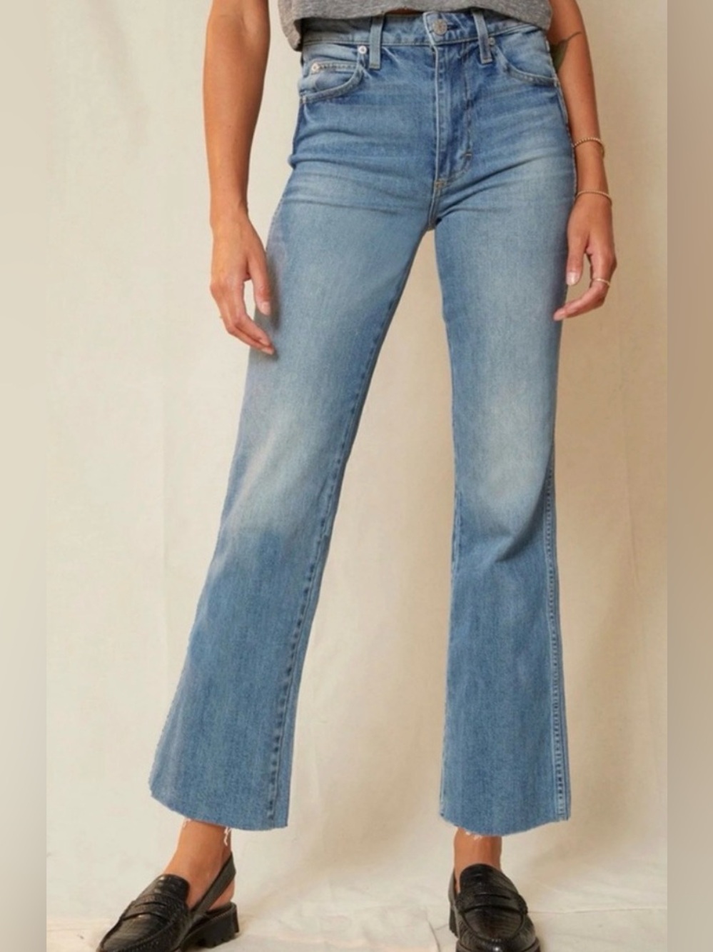 AMO High Rise Kick Crop Jeans Womens 29 Blue Topanga Raw Hem Stretch Denim